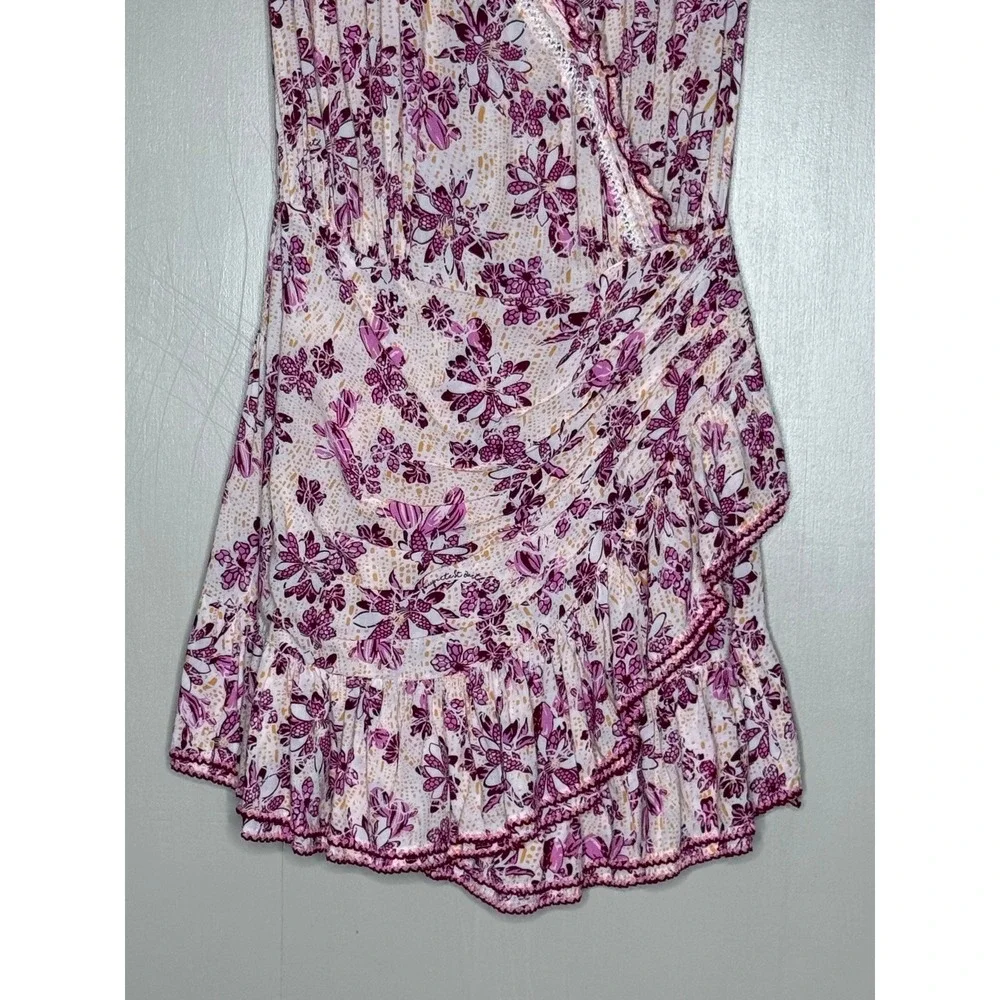 Poupette St Barth Pink Floral Smocked Mini Dress XS Lace Trim Faux Wrap - Picture 3 of 7